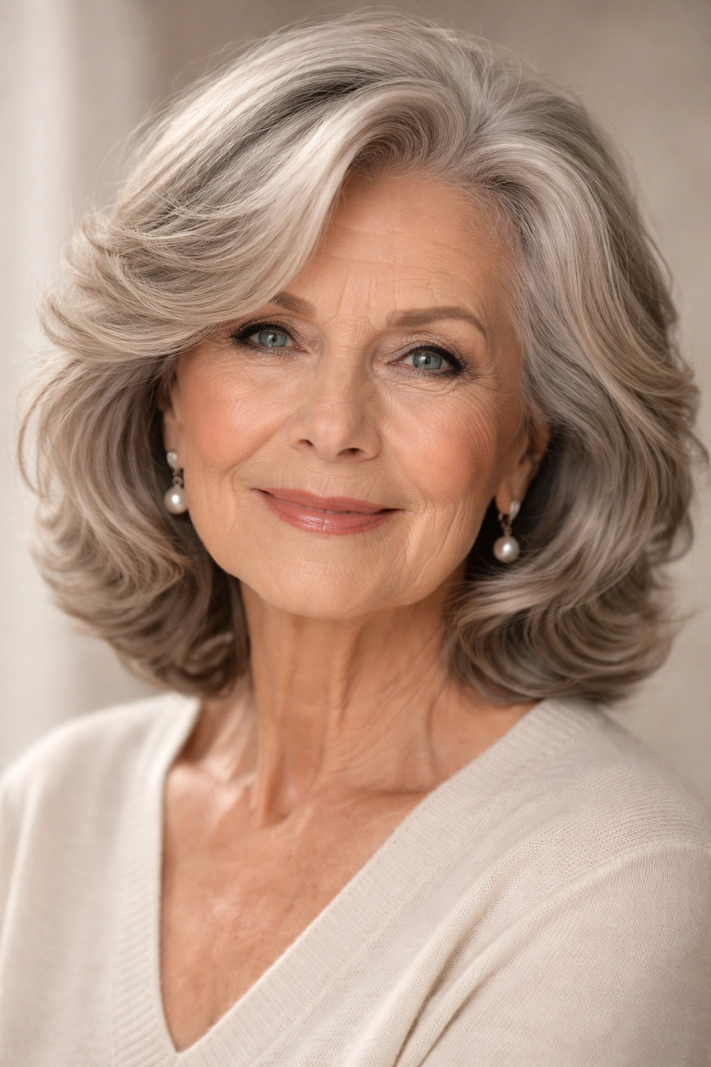 Side-Swept Waves hairstyle on mature woman with face-framing waves and crown volume
