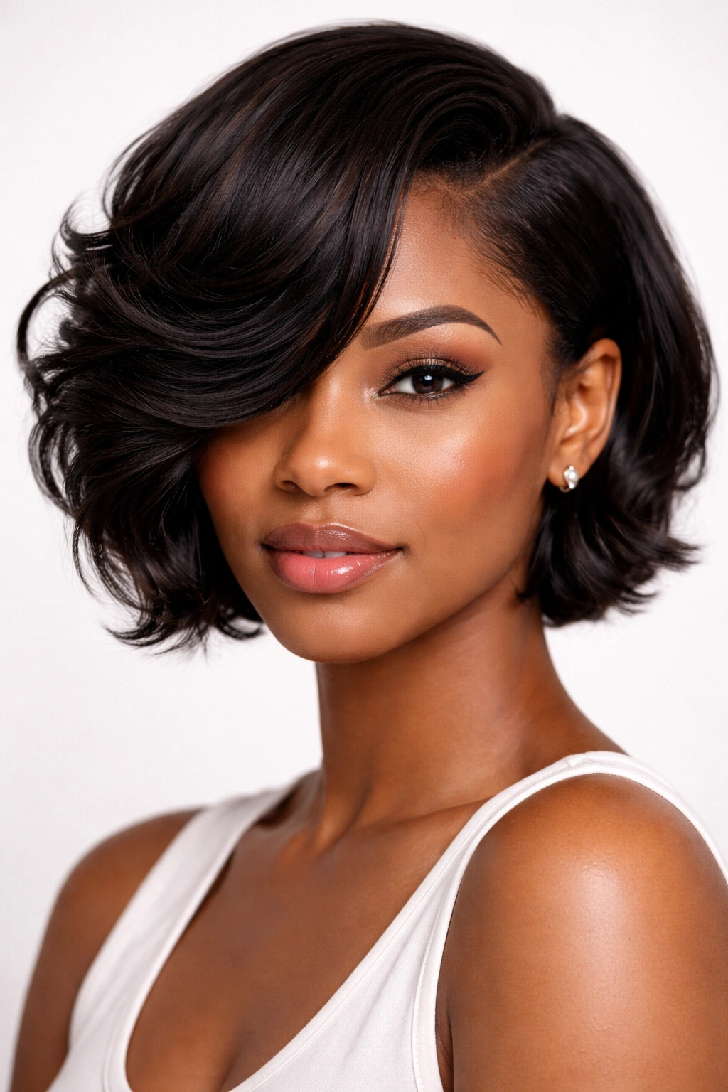Head portrait with ear-length weave and deep side part, soft waves across the face.