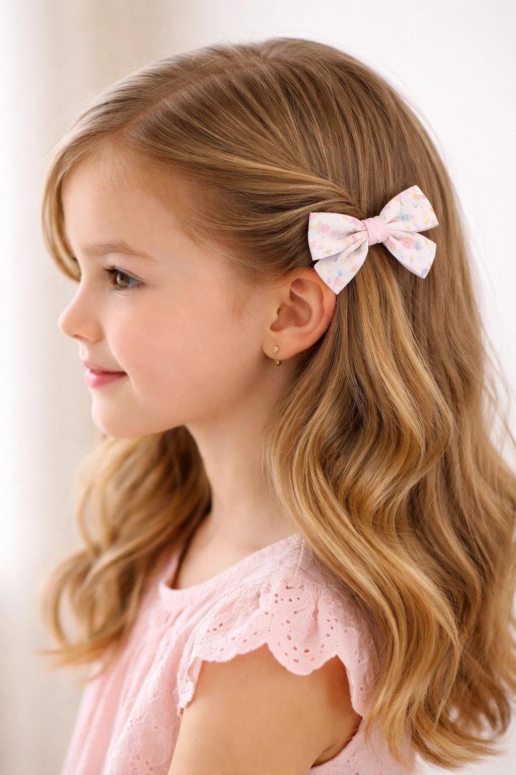 Profile view of side twist with pastel bow on child's hair