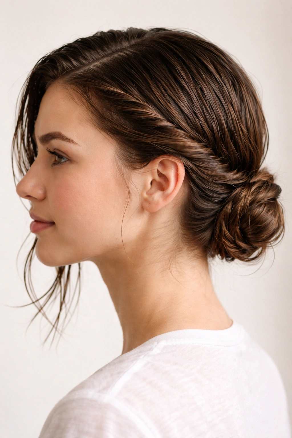 Side profile of damp hair styled into a rope twist and low bun behind the ear