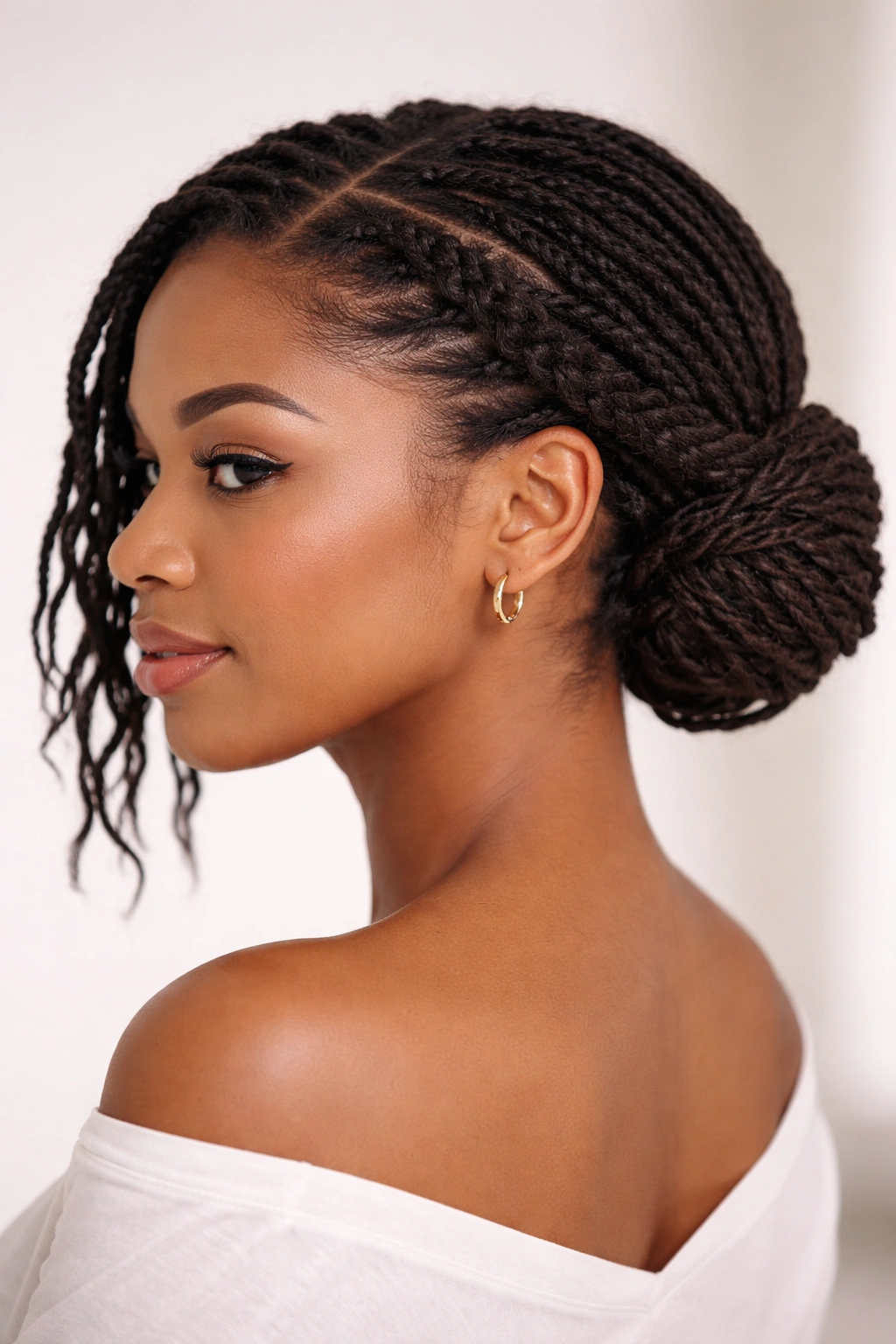 Two side twists leading into a low bun at the nape