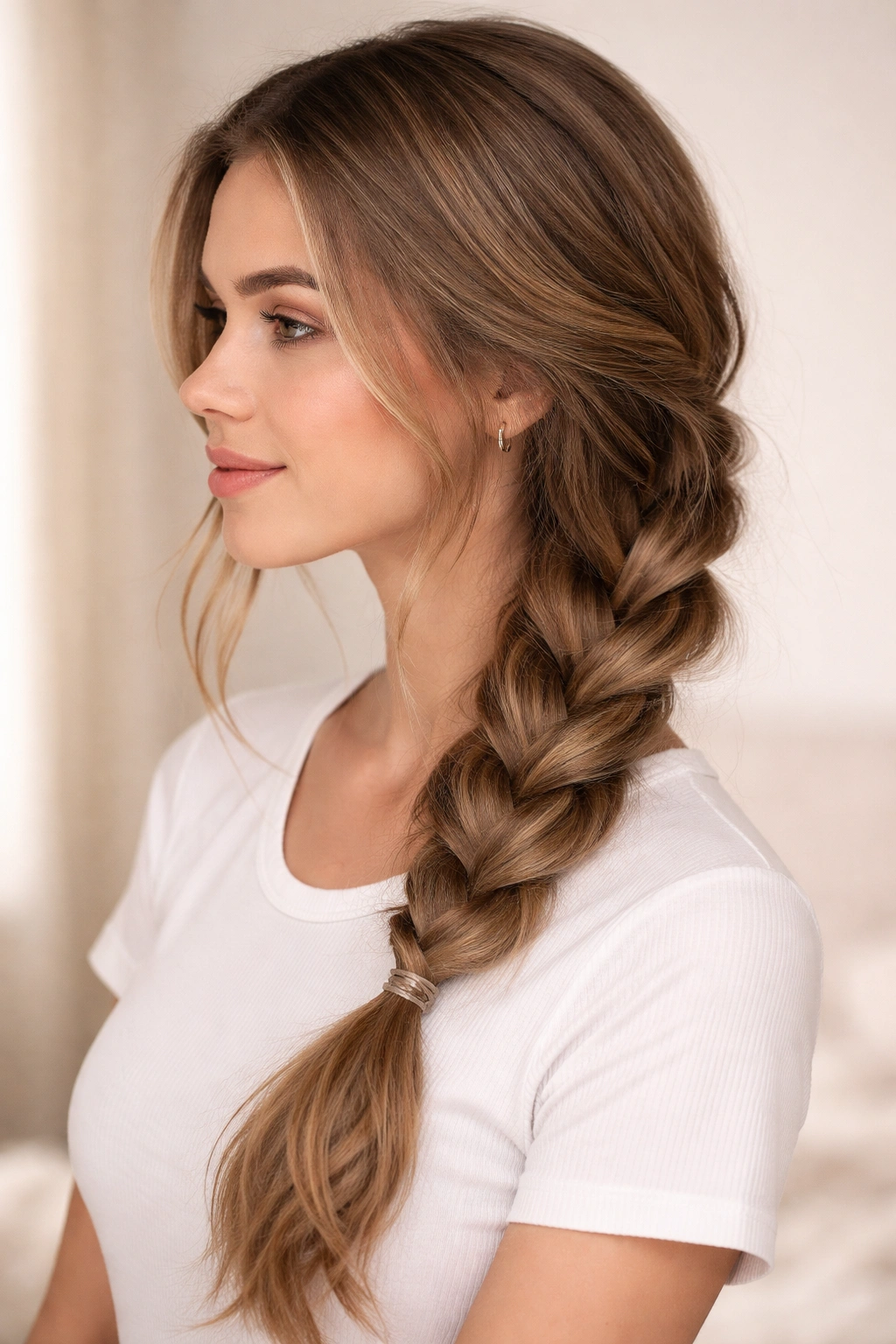 Side braid with loose texture and volume