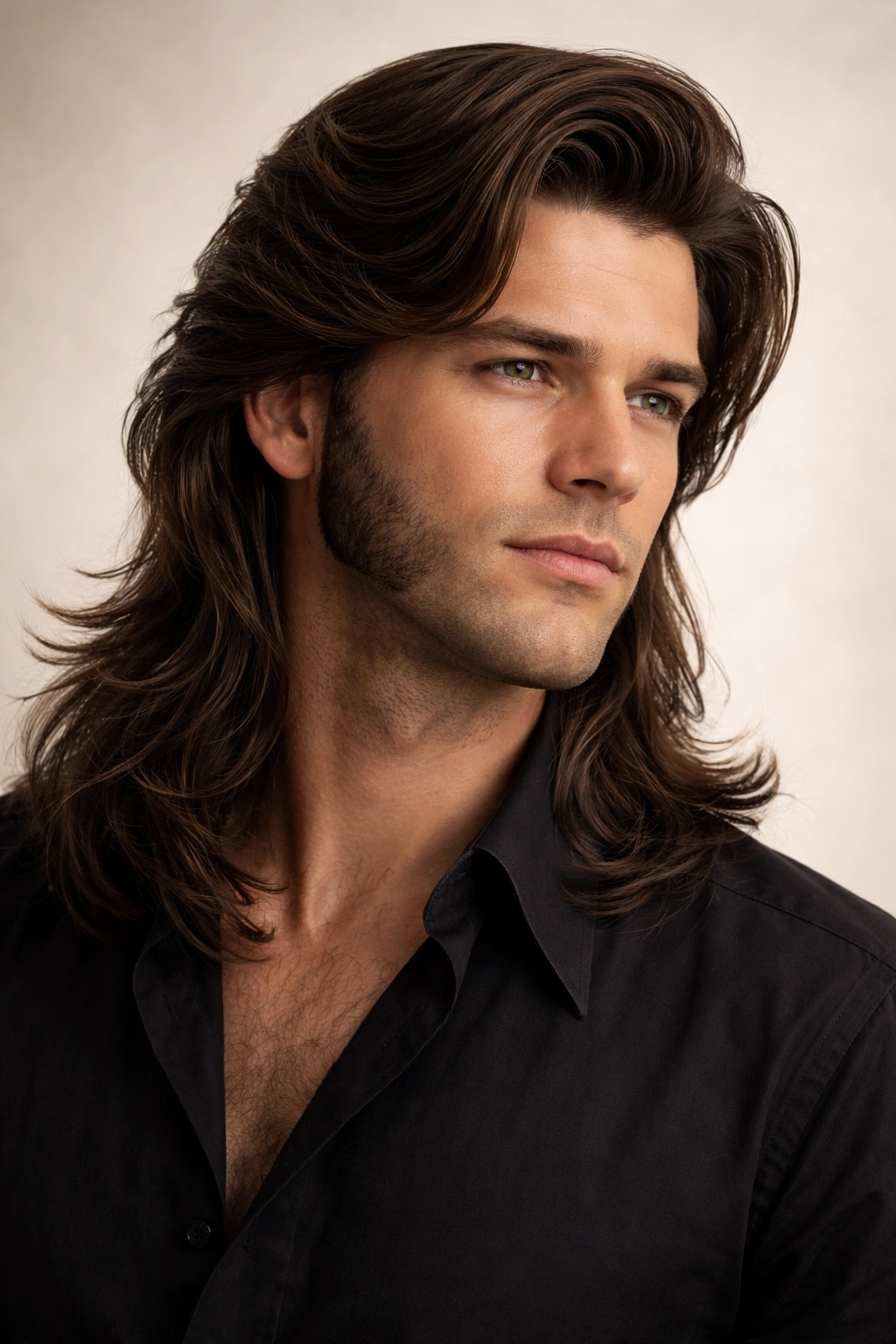 Man with long hair and thick sideburns.