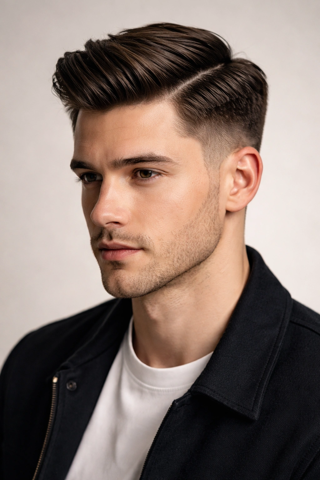 Close-up of a side-part hairstyle with a defined line, faded sides and textured top