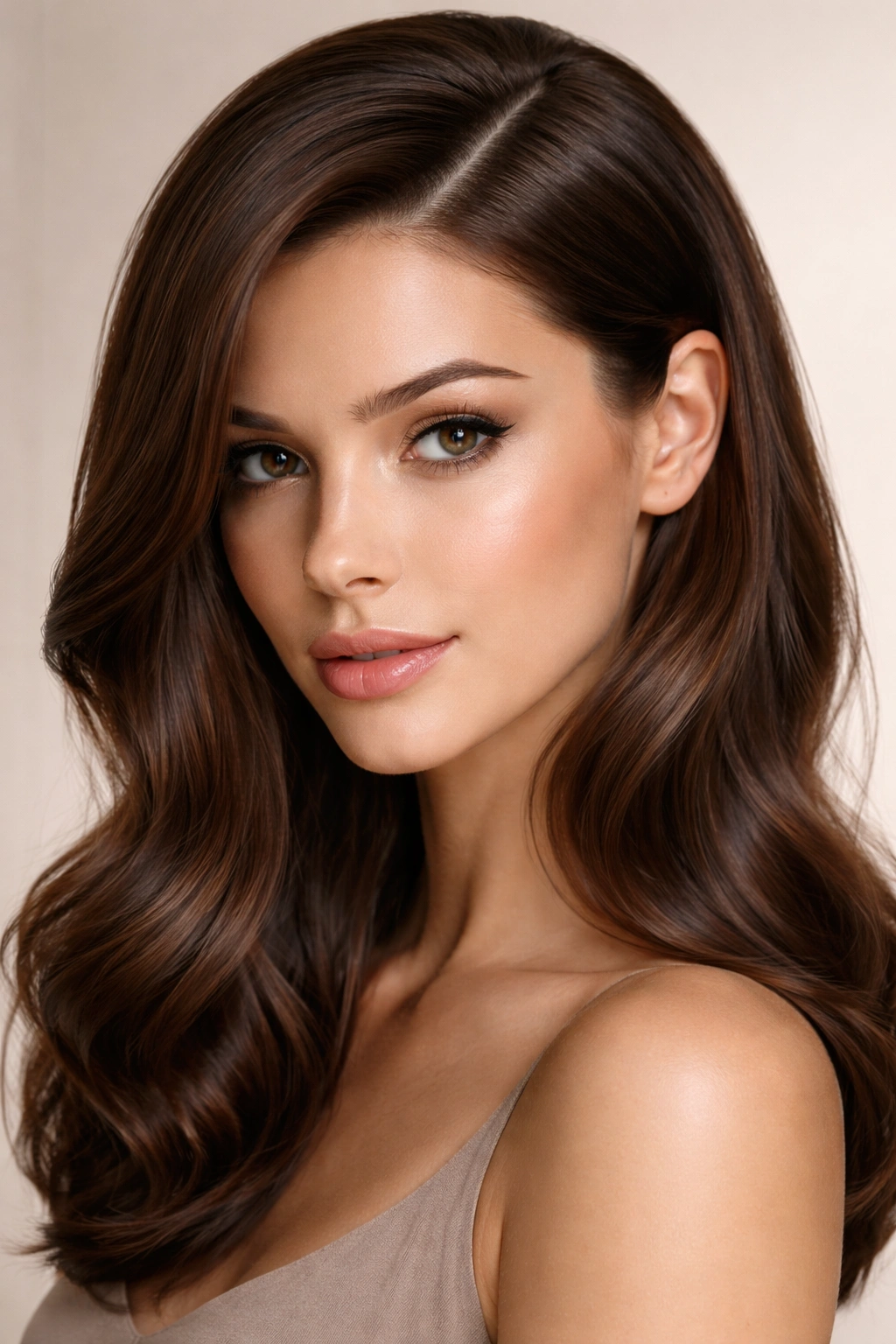 Close-up portrait of a person with a deep side-part hairstyle showing sleek hair and subtle face-framing