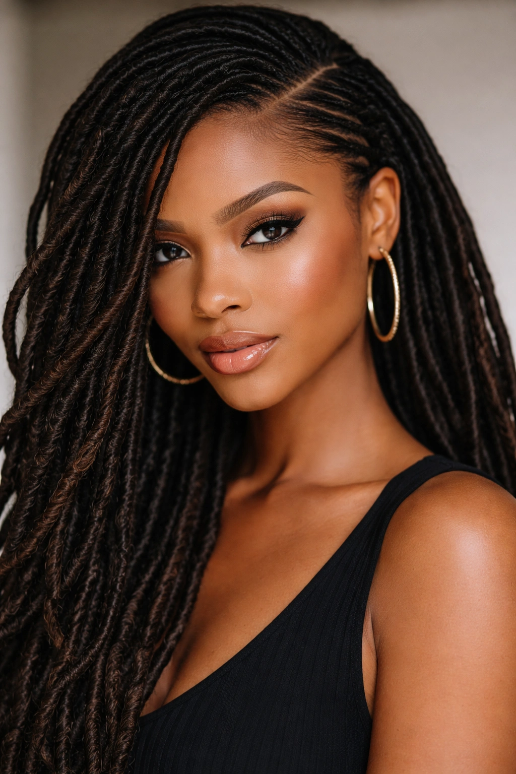 Deep side-parted faux locs framing the face