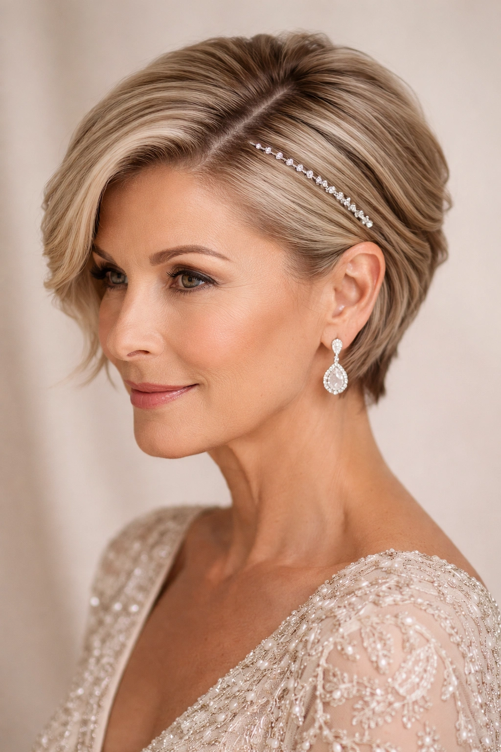 Side-part hairstyle with metallic hair pins adding subtle sparkle