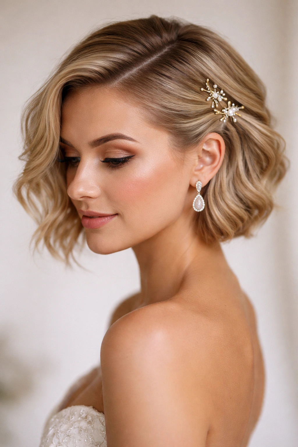 Deep side part with tucked and pinned sections on short hair.