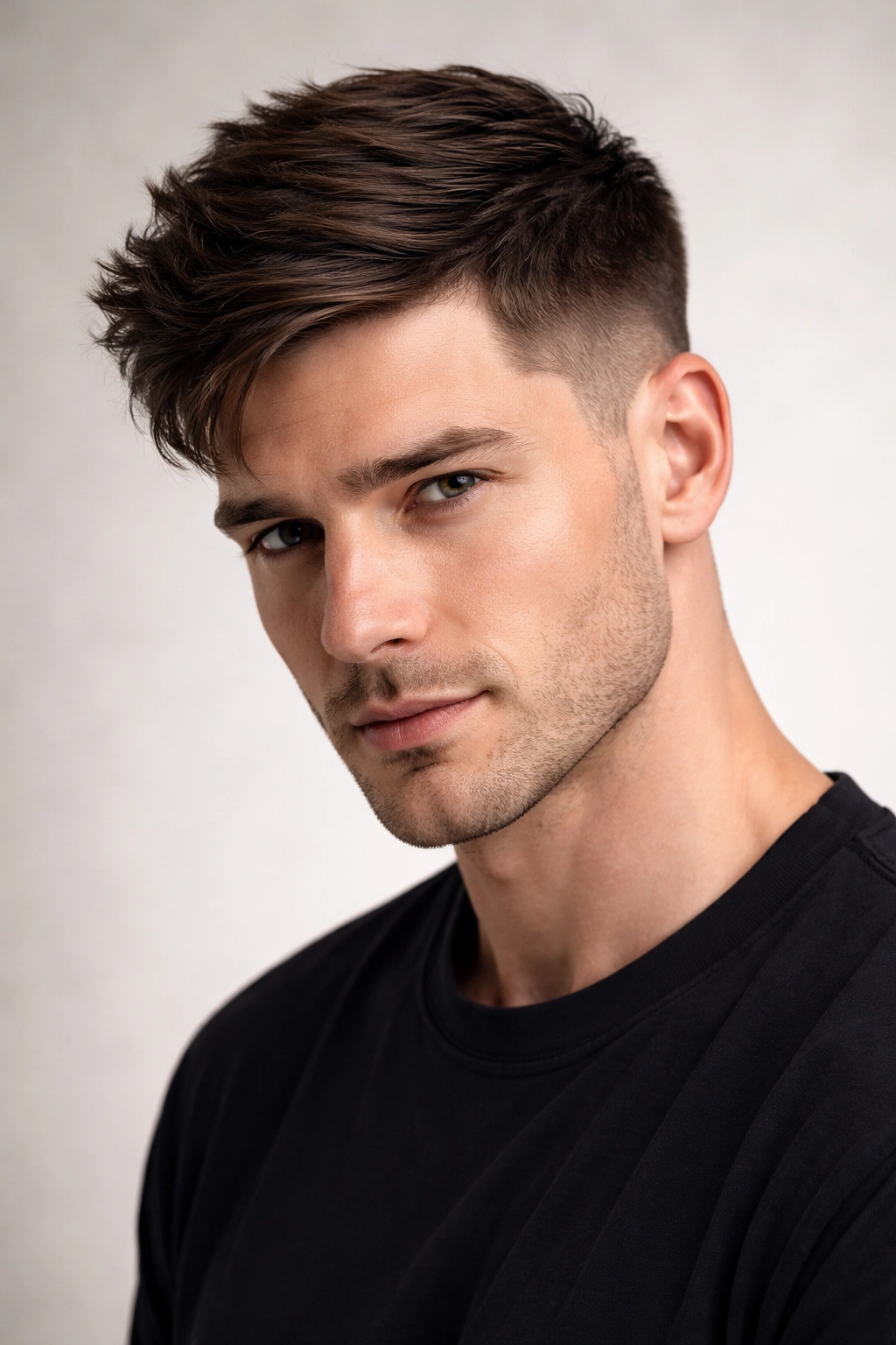 Side-parted textured crop with a defined part line.