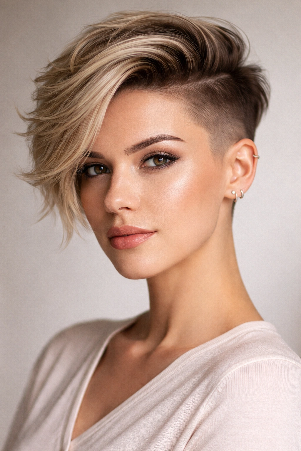 Portrait of a woman with a sideswept fade and long top, highlighting the sweeping top and faded sides.