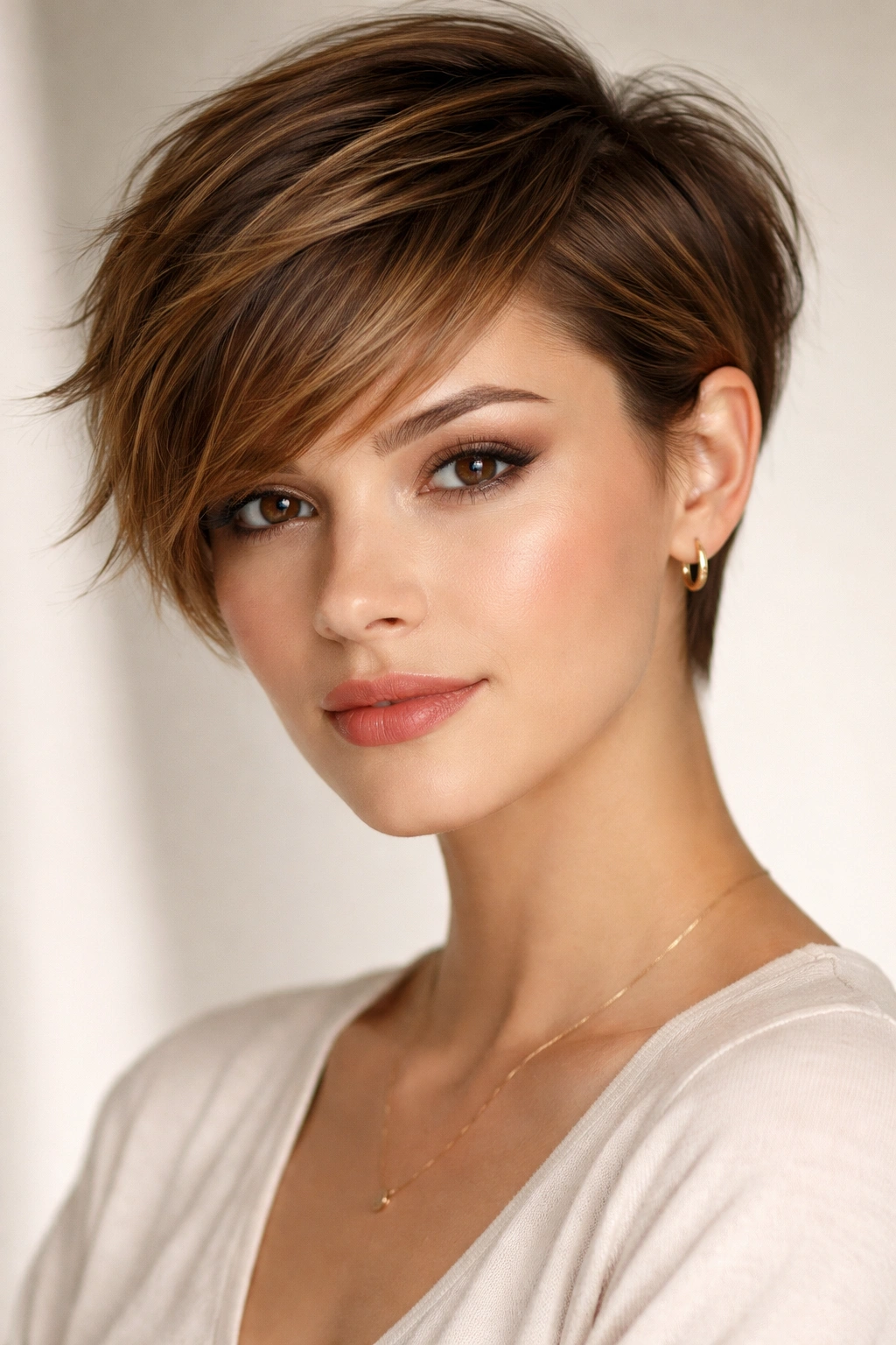 15 Pixie Cuts That Suit Every Face Shape 4 Portrait of a model with a sideswept pixie balancing a heart-shaped face