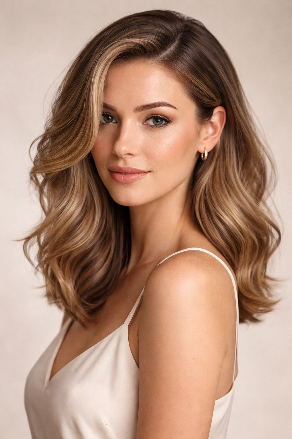 Portrait of a woman with one-sided swept waves and a tucked side.