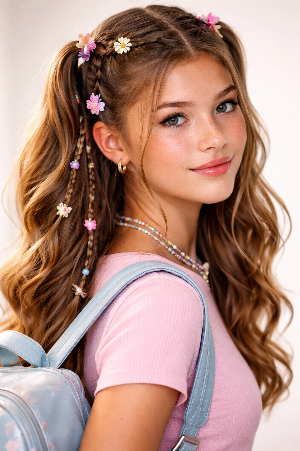 Teen with signature school hairstyle and accessories in studio