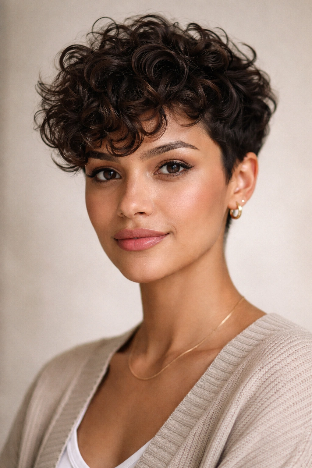 20 Short Curly Haircuts To Try Today 20 Portrait of a person with a polished signature short curl cut and defined curls