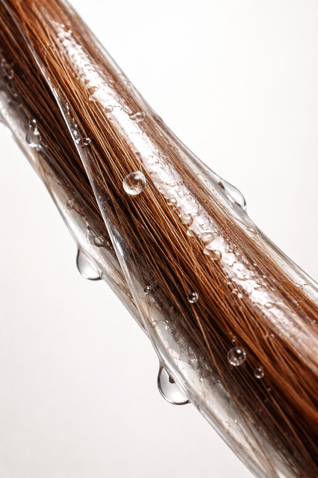 Hair strand with a clear glossy coating suggesting silicone buildup