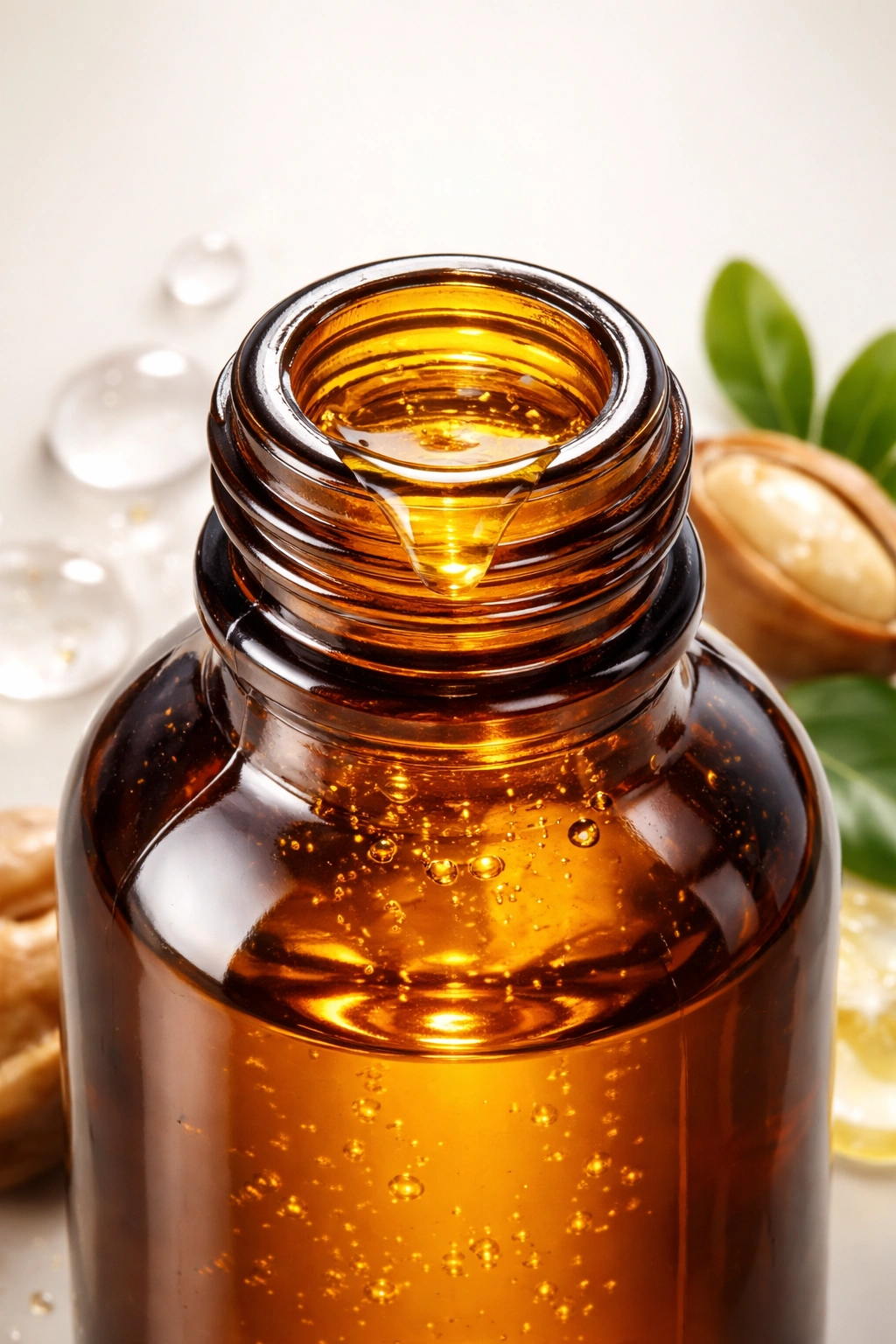 Close-up of an amber oil bottle with golden oil suggesting silicones and argan oil shine