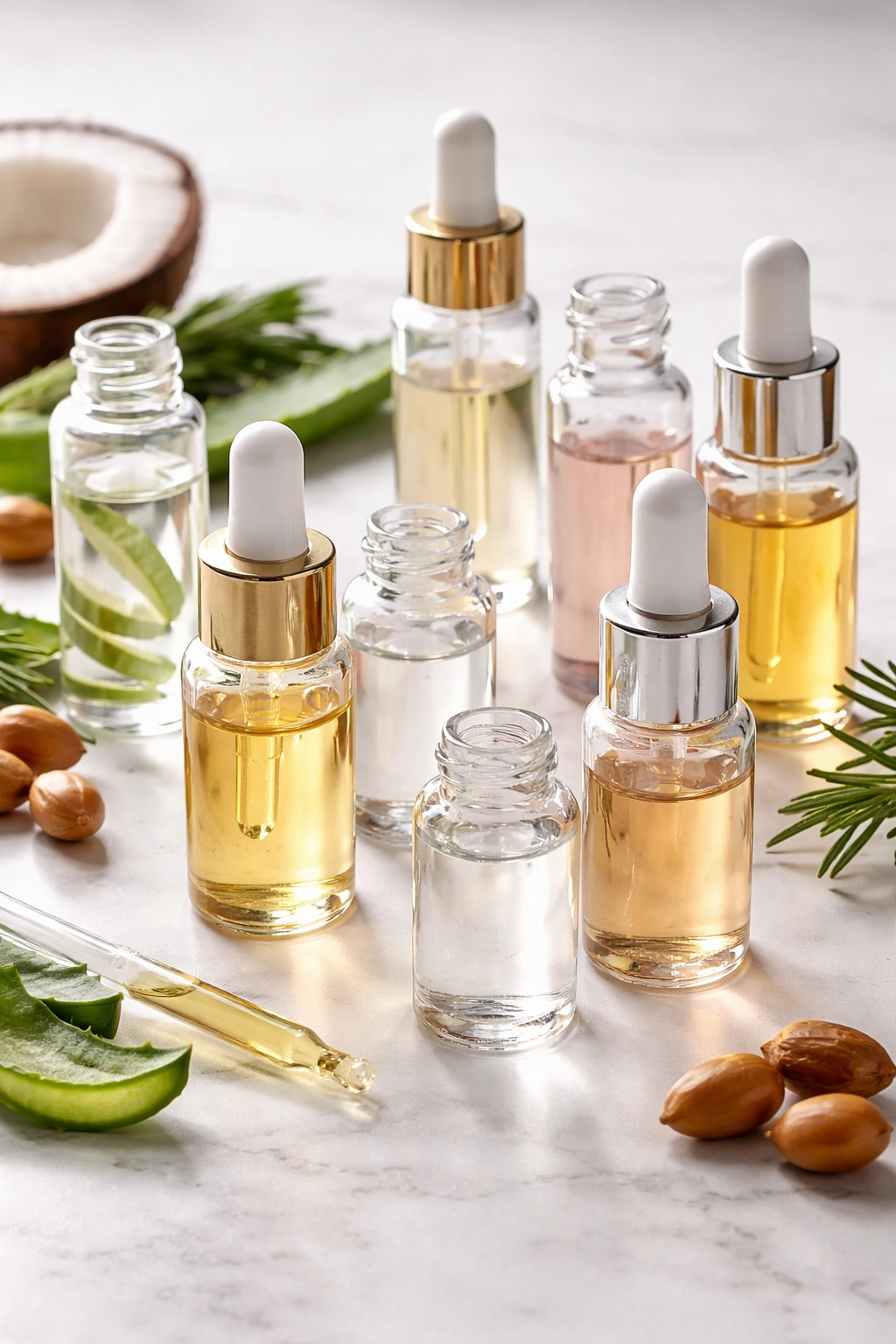 Multiple glass vials with liquids representing serum ingredients on a clean surface