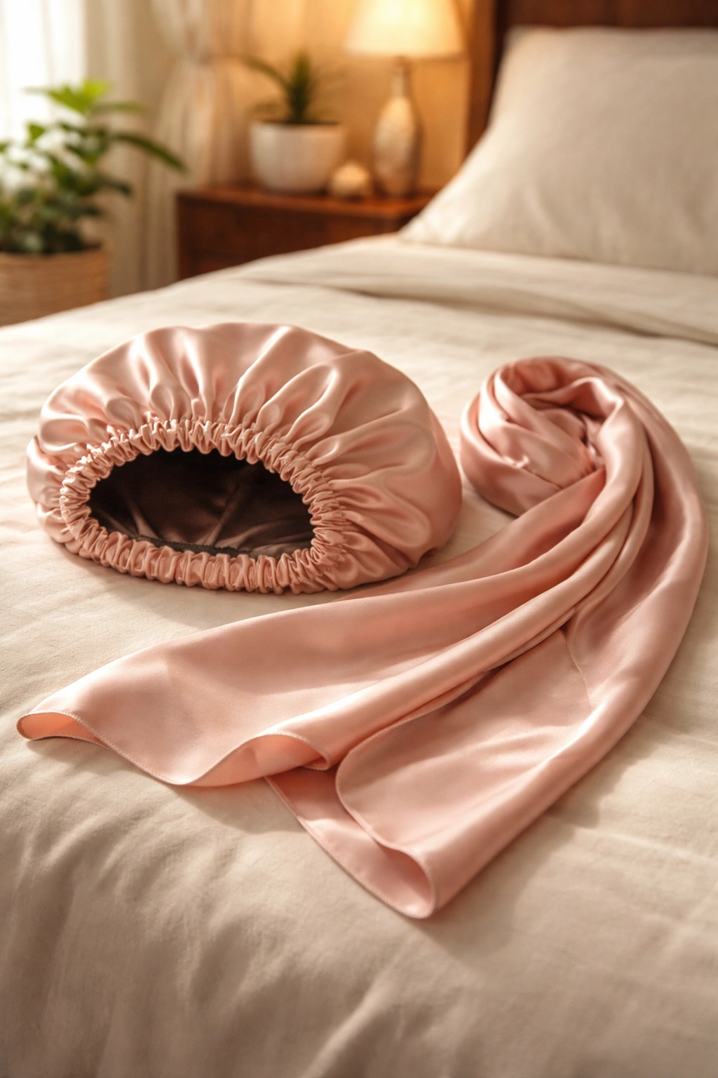 Silk satin bonnet and scarf on a soft bed surface ready for overnight protection
