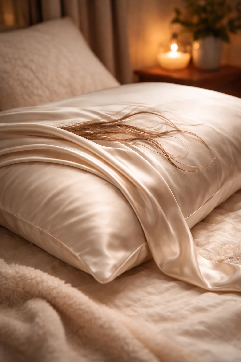 Silk pillowcase on a bed with hair resting on top