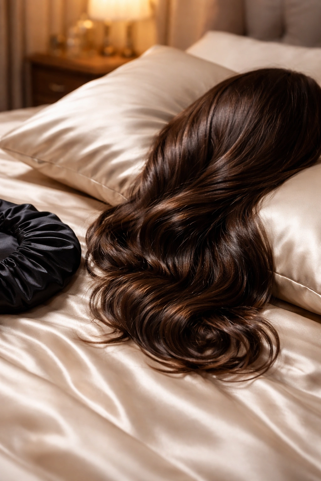 Hair on a silk pillowcase with a satin bonnet nearby