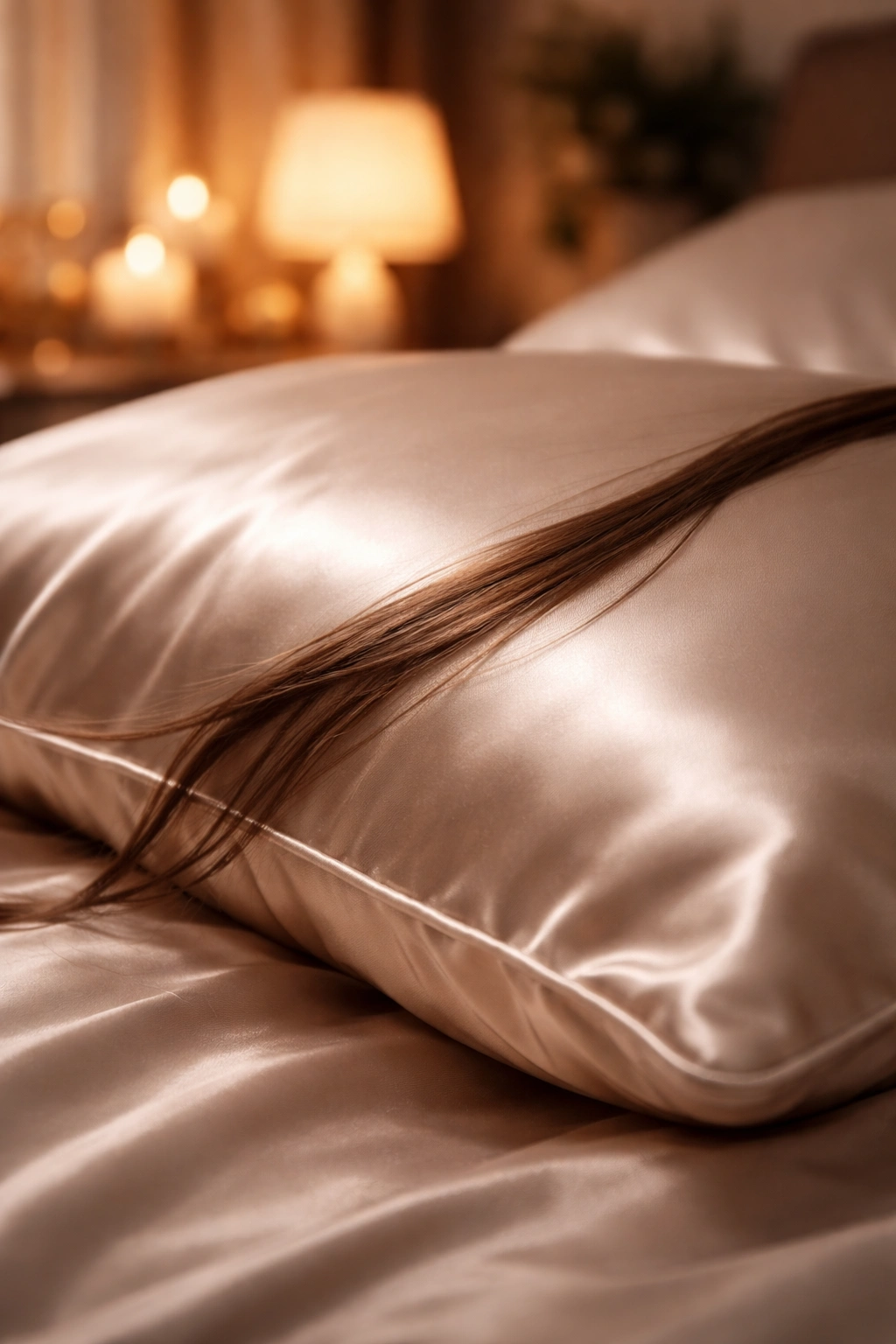 Close-up of a hair on a silk pillowcase to illustrate reduced friction for hair health