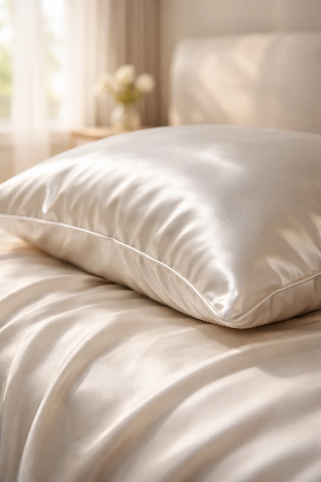 Close-up of a silk pillowcase showing smooth texture and sheen on a bed