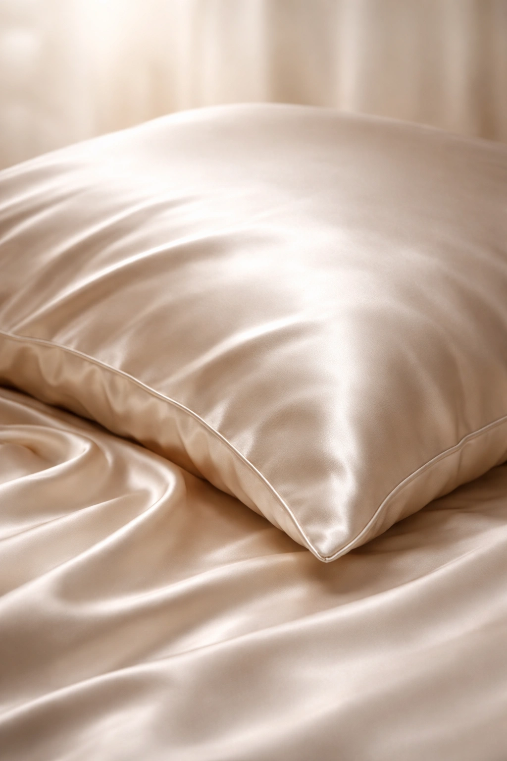 Silk pillowcase close-up with shiny, smooth fabric texture