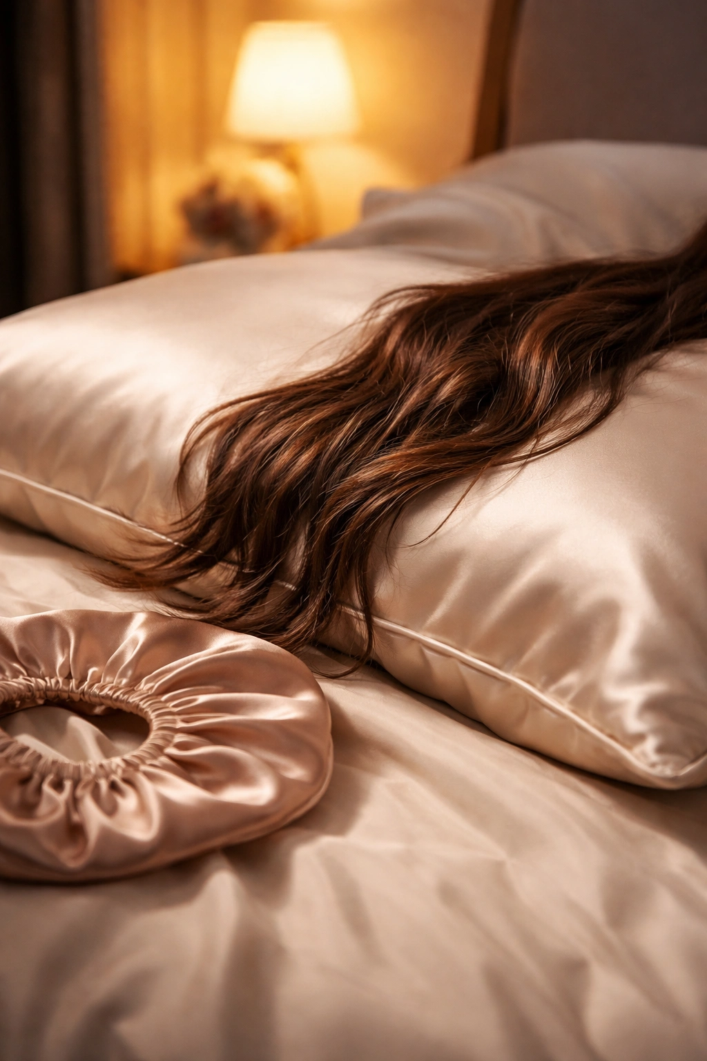 Satin pillowcase with hair resting on it, implying overnight protection.