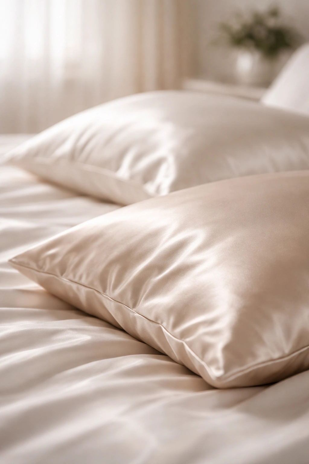Close-up of silky pillowcase showing smooth sheen