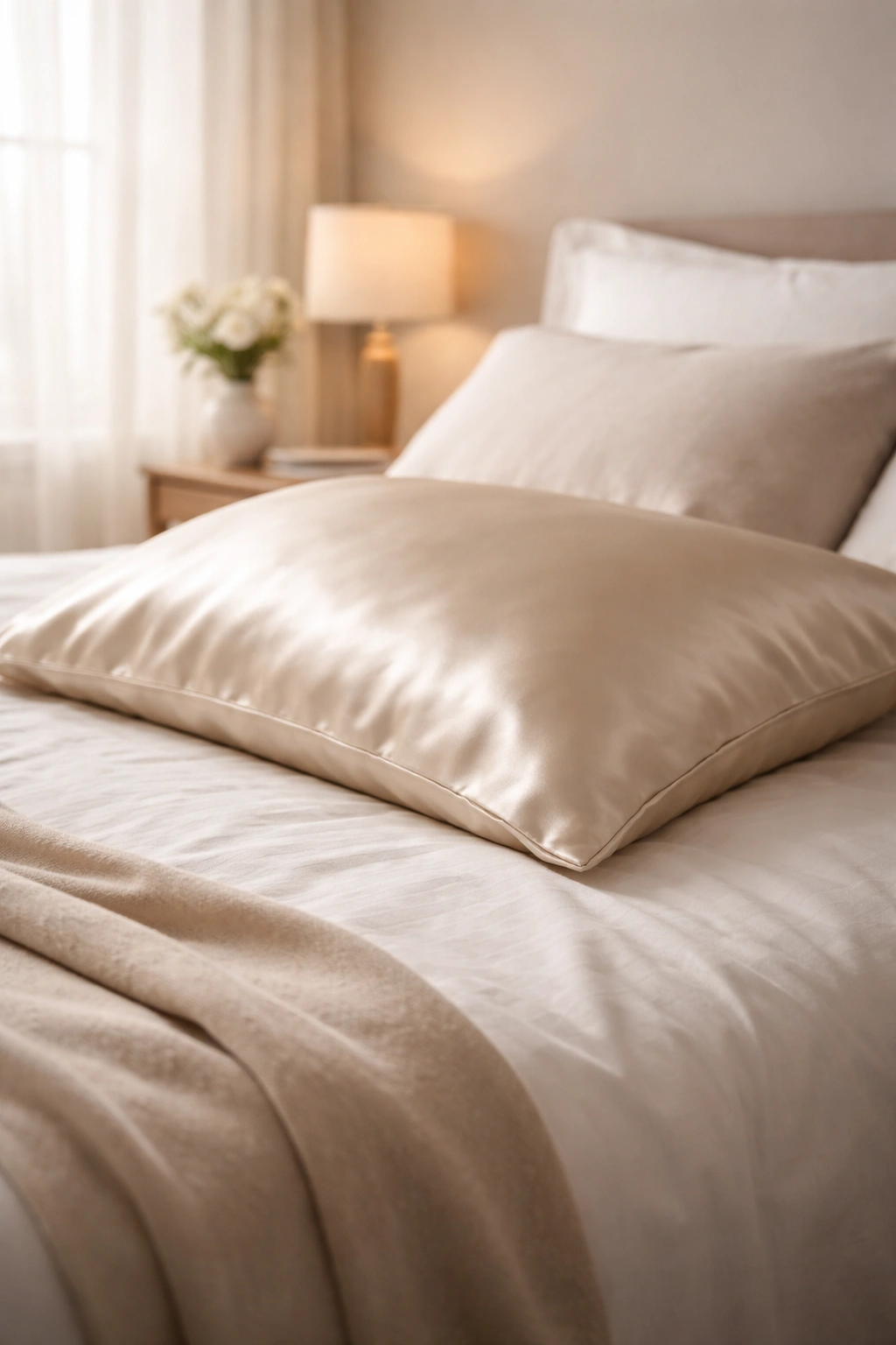 Silk pillowcase on bed showing smooth fabric texture to illustrate bedroom environment reducing static