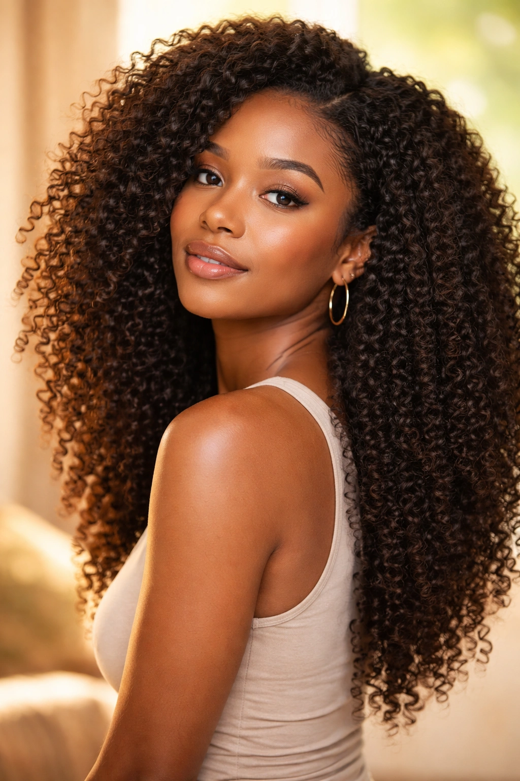 Portrait of a person with natural curls and hair texture suitable for silk press