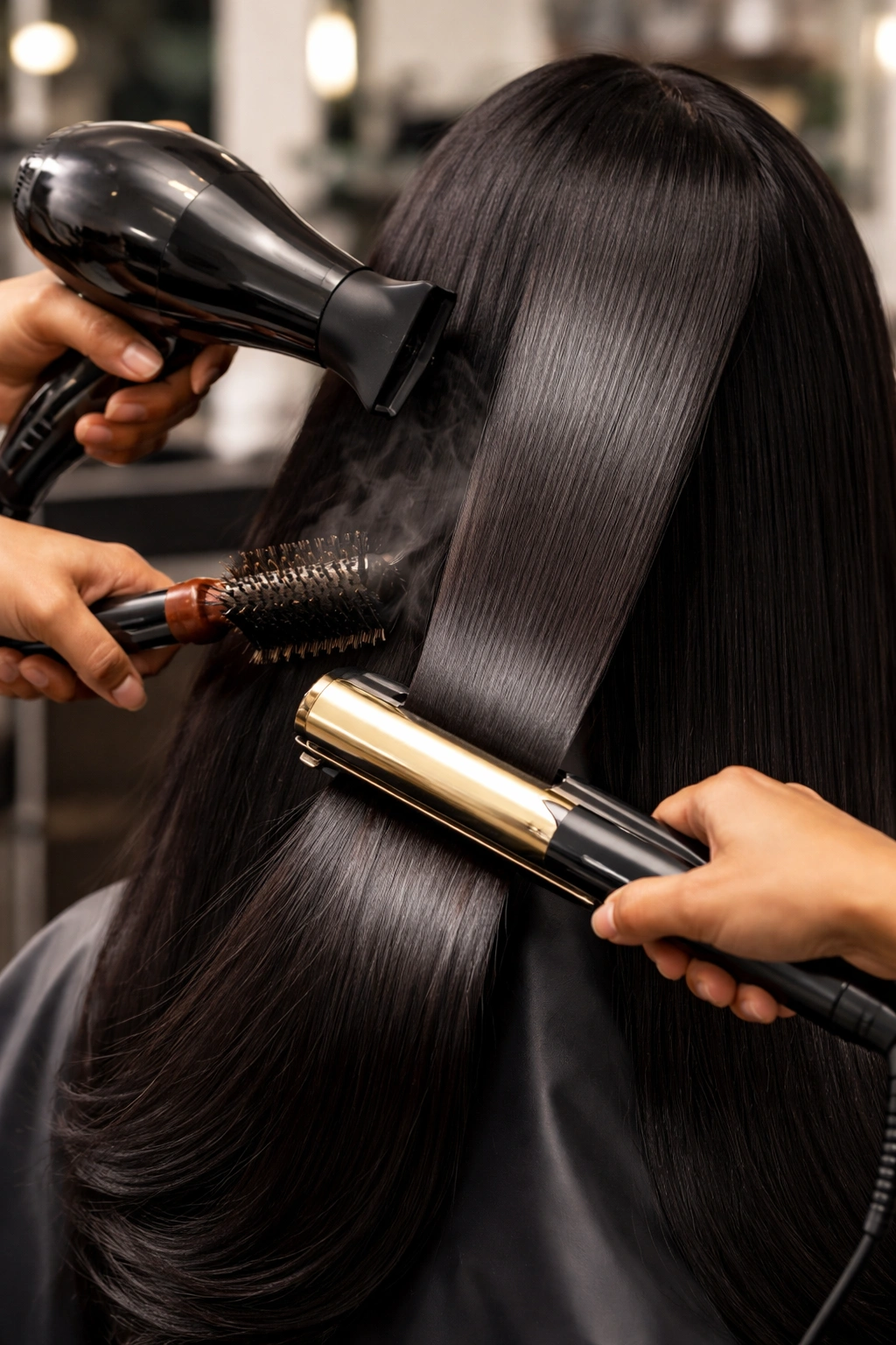 Hair being treated with silk press showing smoother finish vs traditional flat ironing