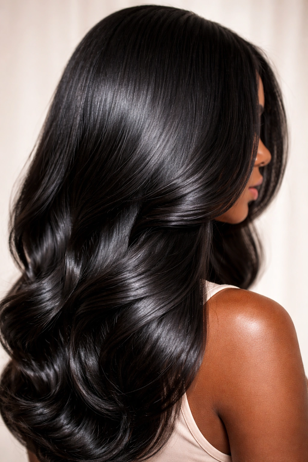 Glossy silk-pressed hair finishing look