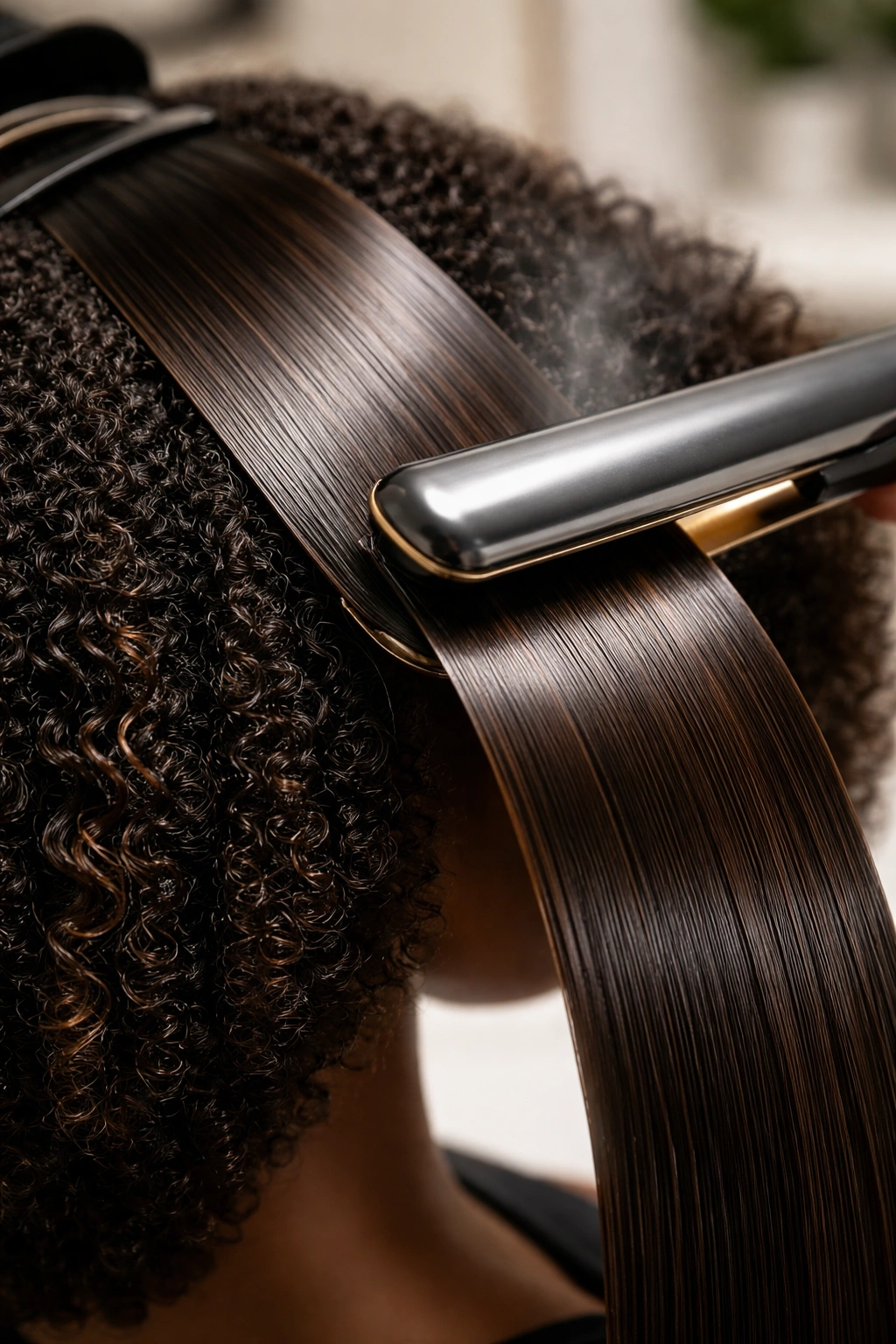 Close-up of natural hair during silk press with glossy straight section and curls in a salon
