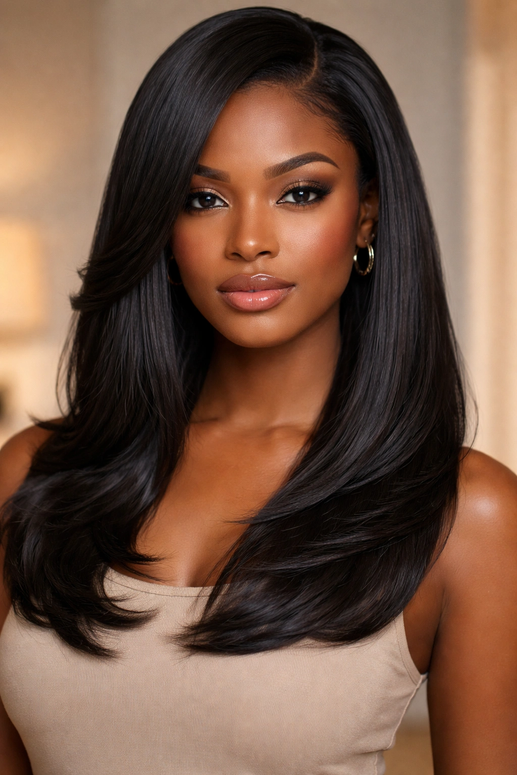 Glossy silk press with layered ends on a head-and-shoulders portrait