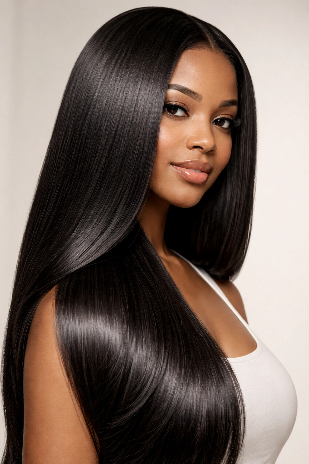 Close-up of glossy silk-pressed hair with studio lighting
