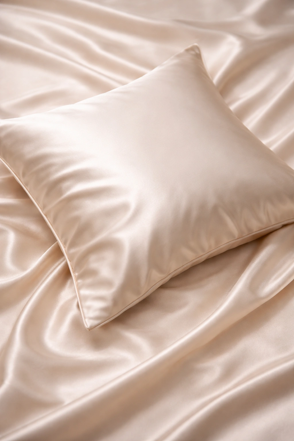 Close-up of a smooth silk satin pillowcase with gentle folds