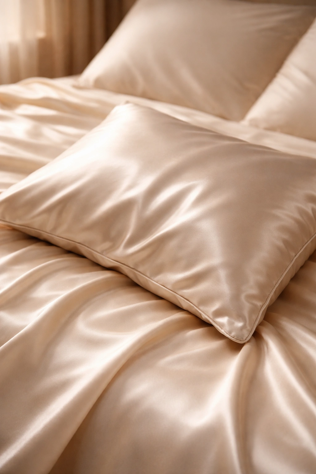Close-up of silk satin pillowcase texture with light reflection