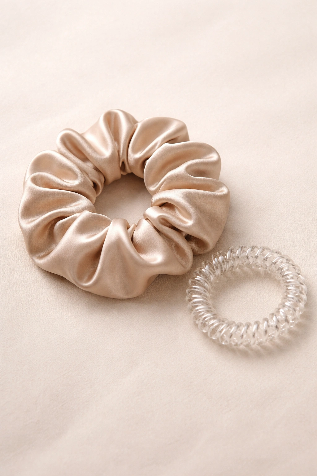 Silk scrunchie and spiral hair tie on neutral surface