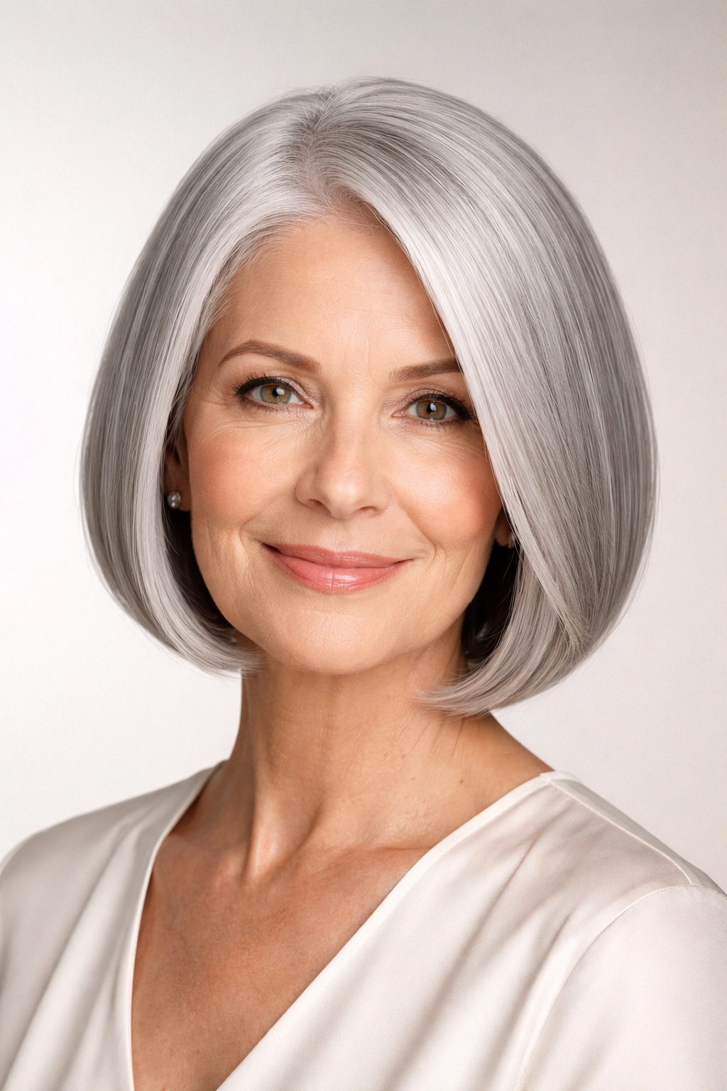 Portrait of a person with a sleek silver bob and sharp, clean lines