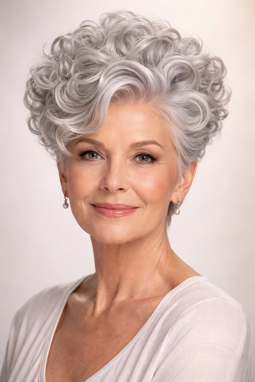 Close-up of voluminous silver curls with tapered sides and luminous shine
