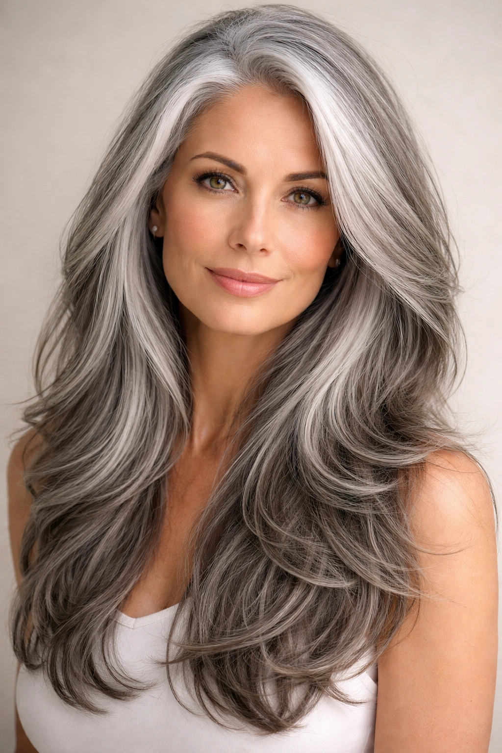 Long silver hair with layered texture embracing gray tones