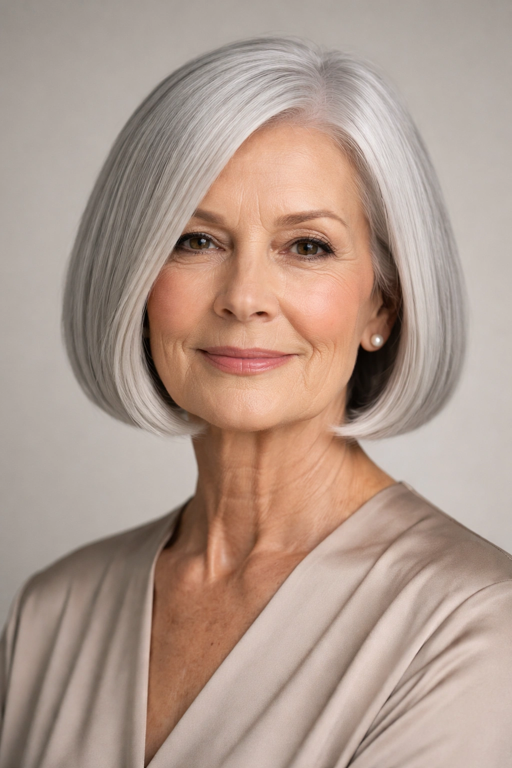 Close-up of a woman with a silver blunt bob and sharp, even line