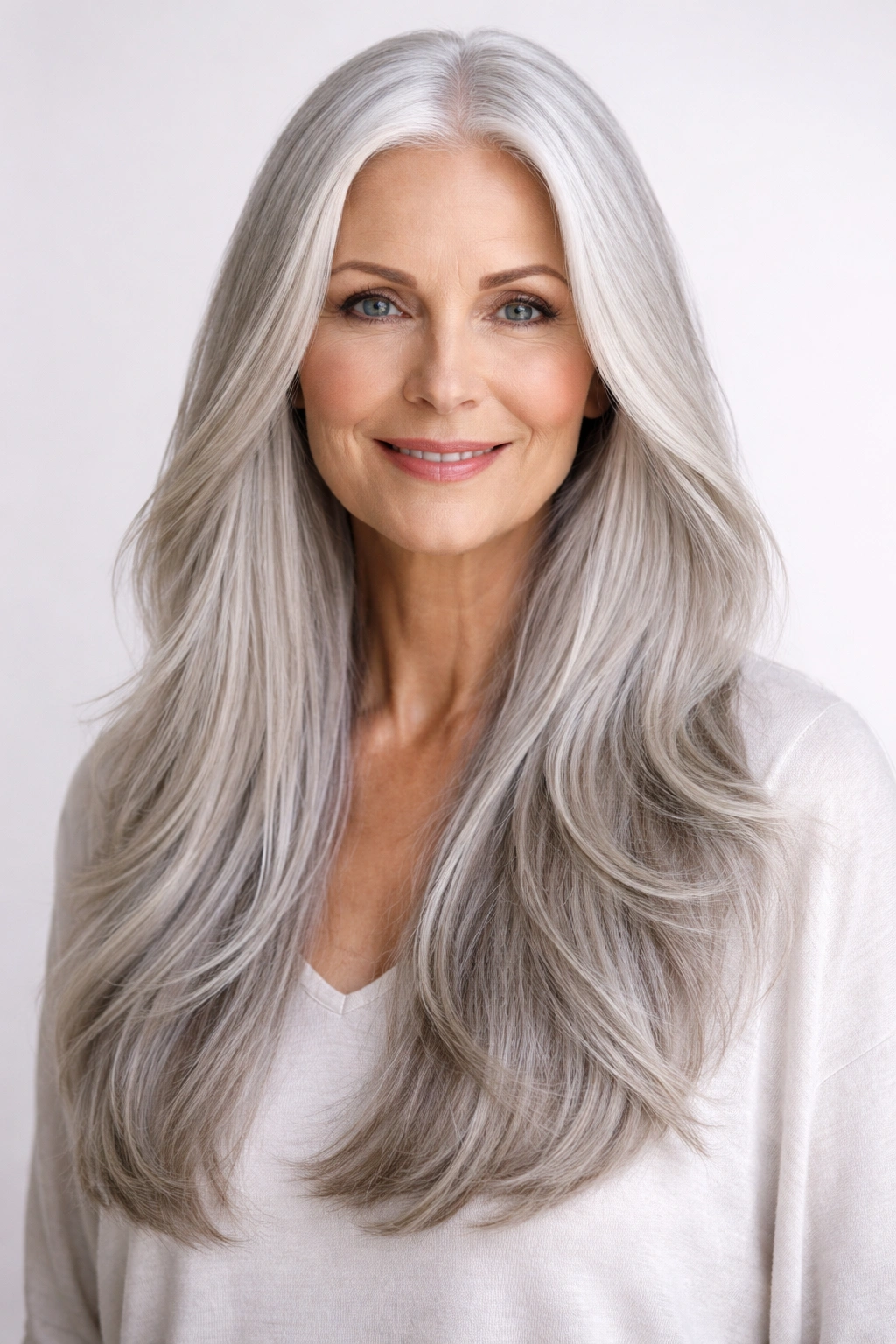 Long silver hair with center part and subtle layers