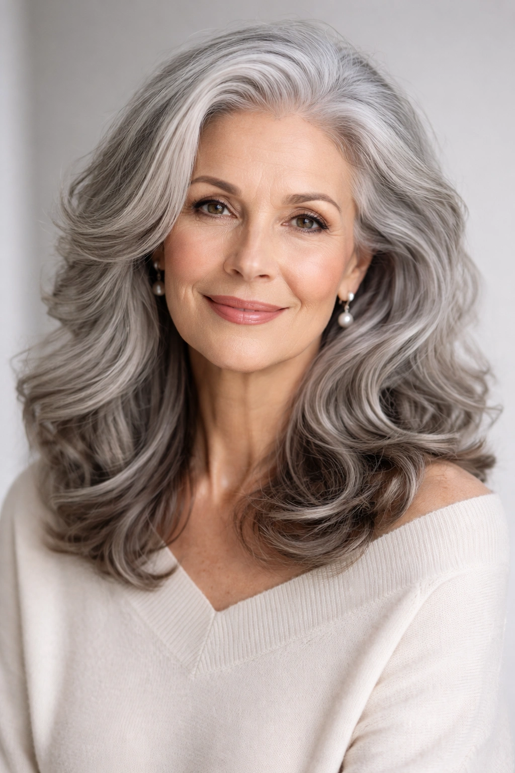 Portrait of an older woman with a silver-gray hairstyle highlighting a silver crown