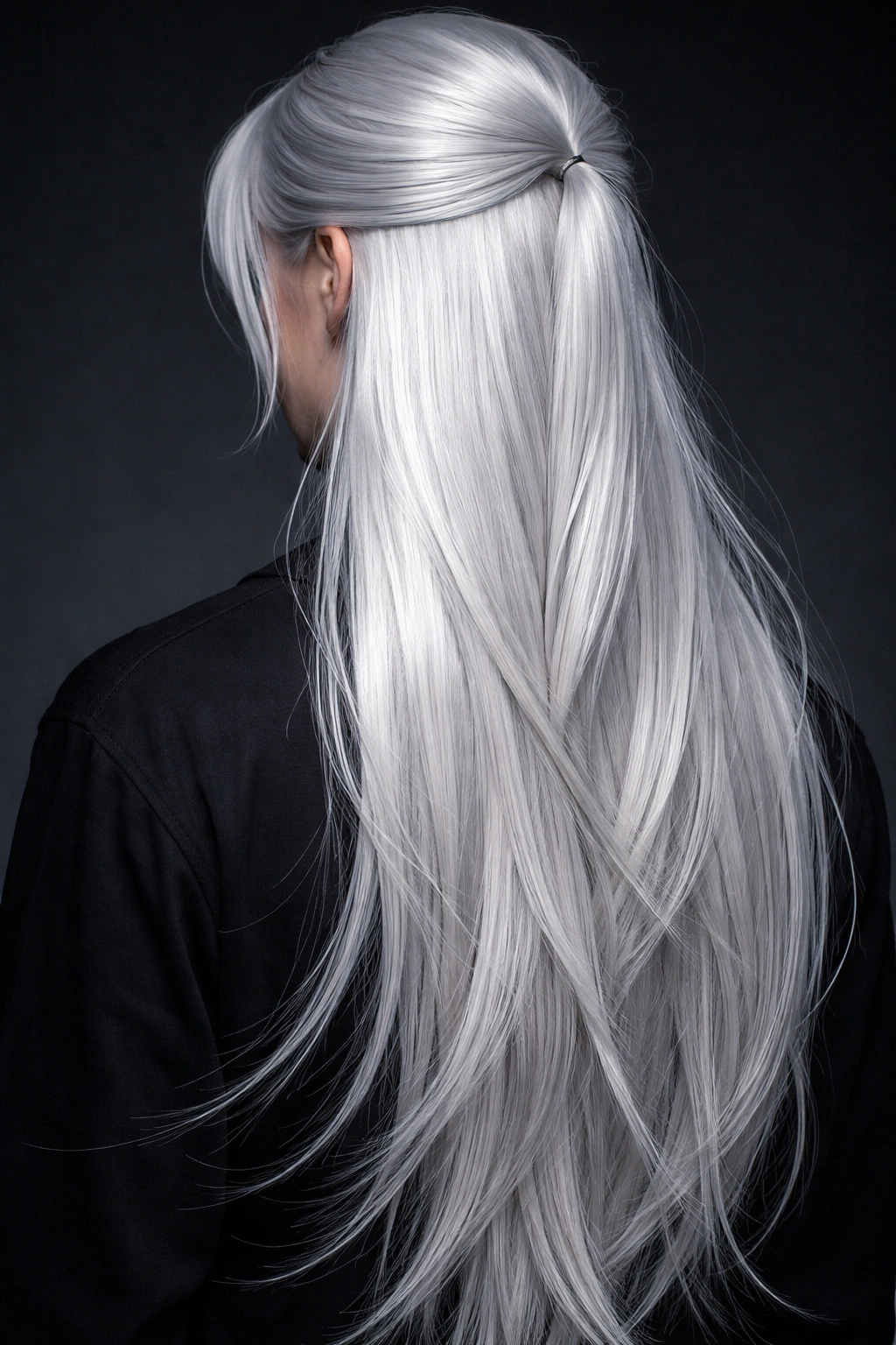 Portrait of a person with long silver hair mid-back, straight and shiny