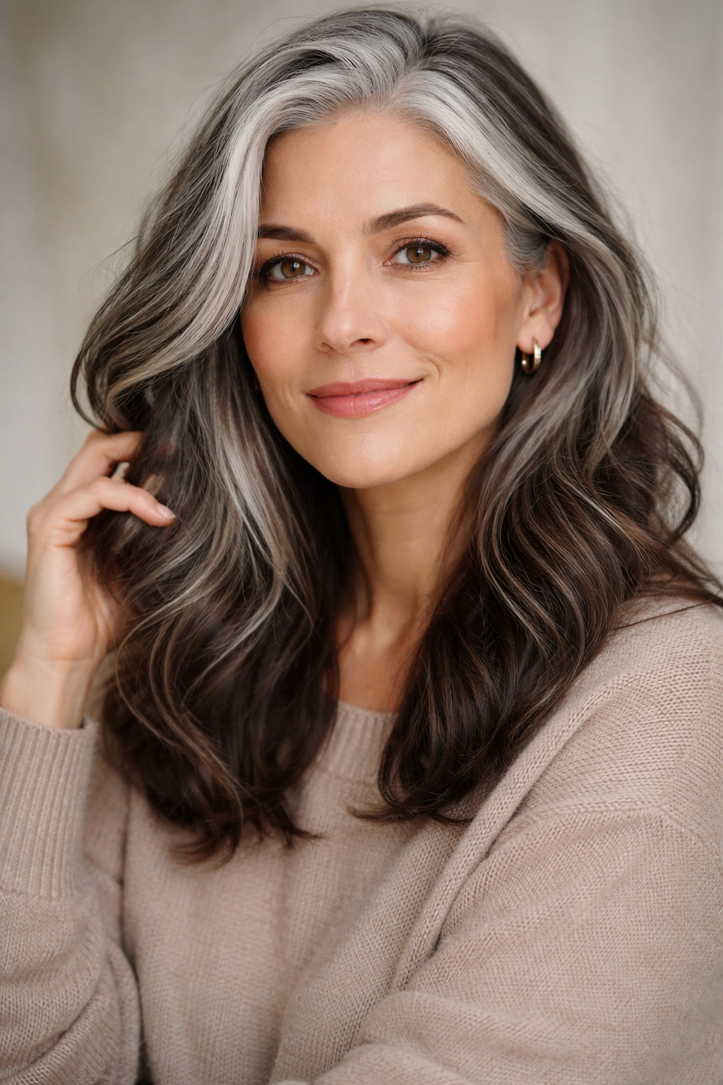 Mature person with silver hair embracing greys in soft studio portrait
