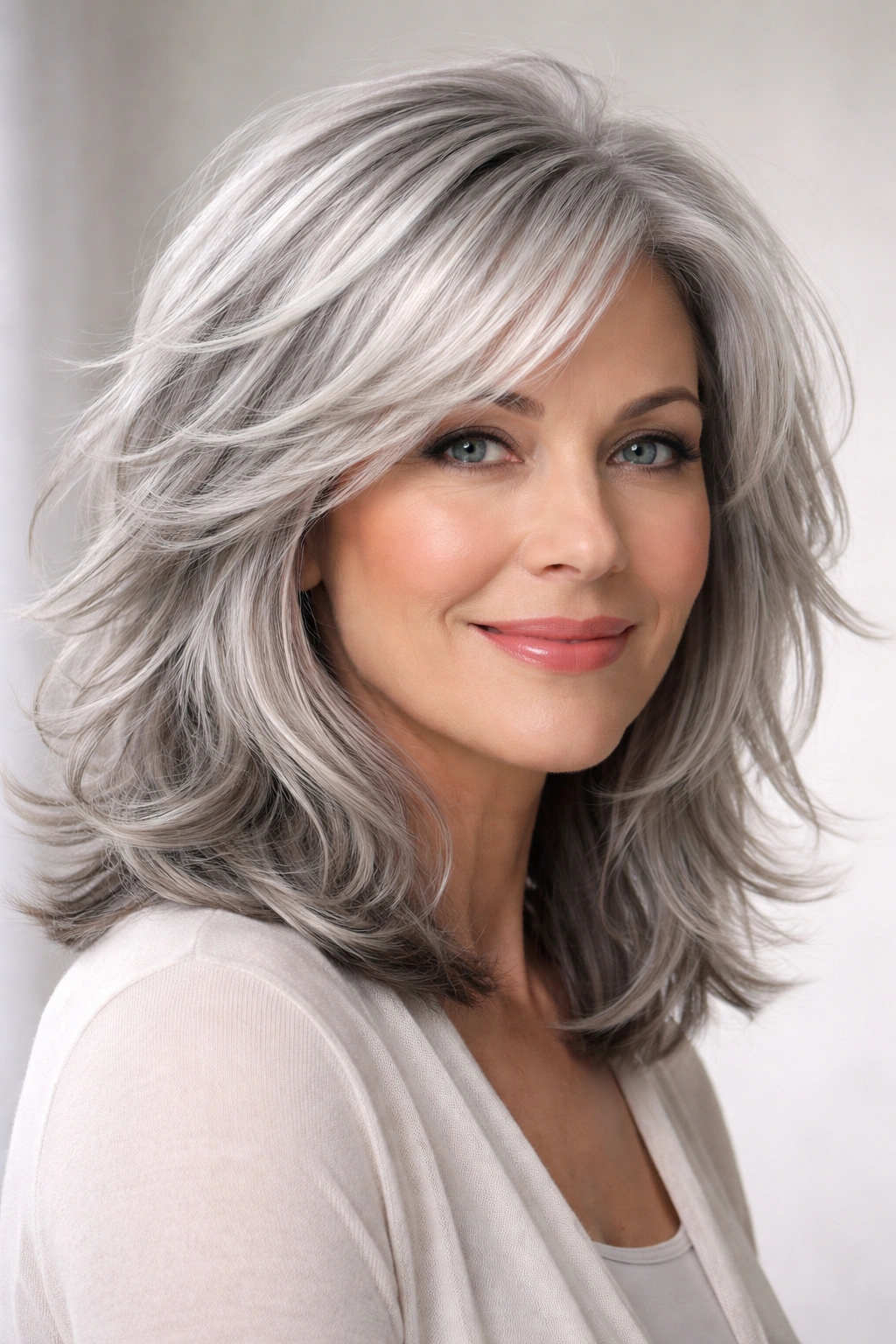 Close-up of silver shoulder-length hair with textured layers and volume.