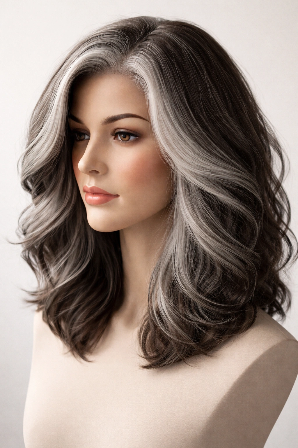 Grey-haired mannequin head showing transitioning to silver without blending