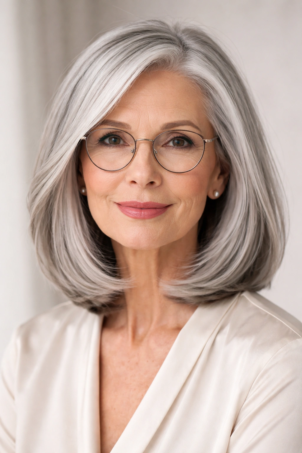 Senior woman with a sleek silver lob hairstyle.